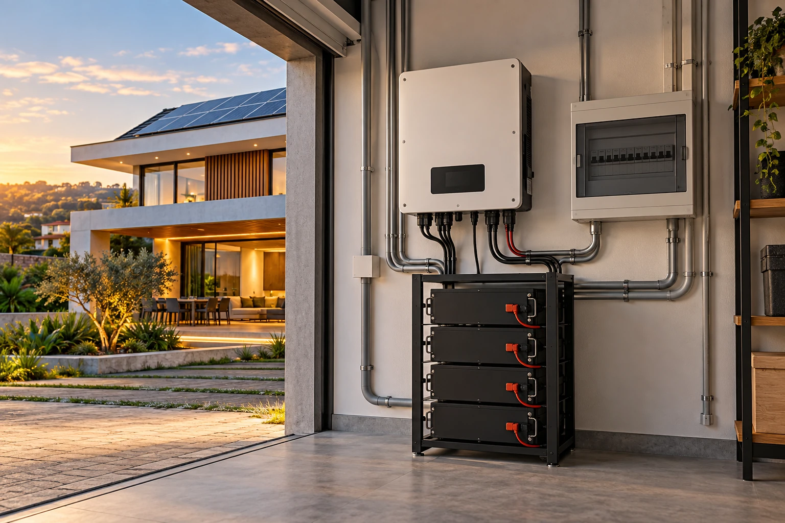 Imagem ilustrativa de uma residência com painéis solares, inversor híbrido e banco de baterias