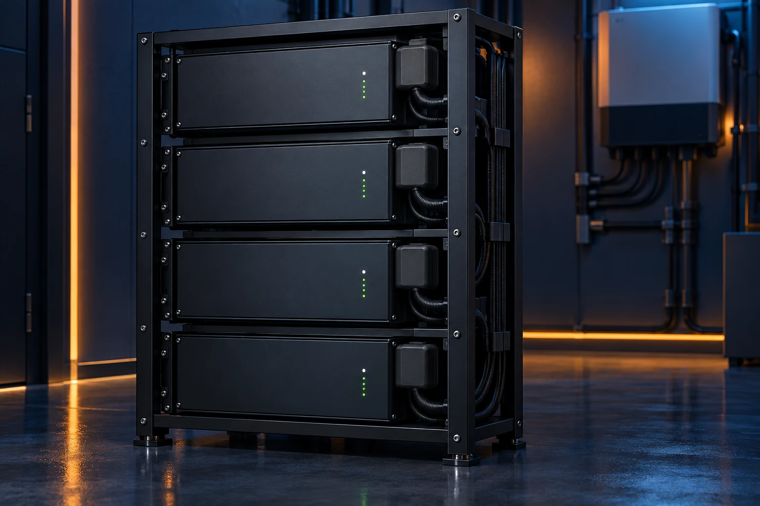 Imagem ilustrativa de um banco modular de baterias de lítio em rack